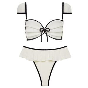 New Montce Olivia Culpo Cream black rib Cabana Bows & Ruffle Bikini Set Medium